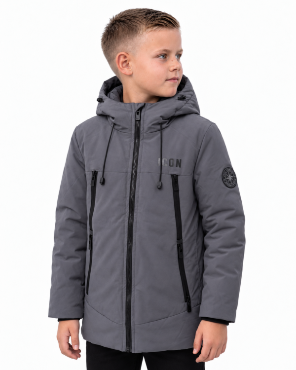 ICON jongens grijze technische winterjas met capuchon en ICON-logo