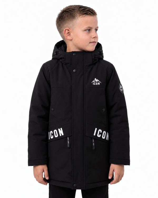 ICON jongens zwarte parka met ICON-bergprint