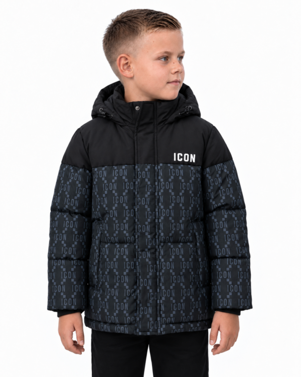 ICON meisjes zwarte gewatteerde winterjas met allover ICON-monogramprint