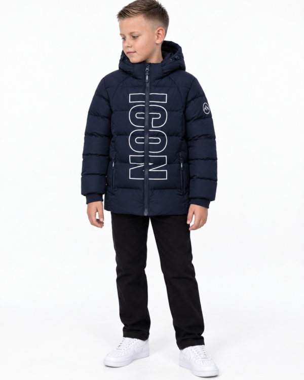 ICON jongens gewatteerde winterjas met grote verticale ICON-tekstprint