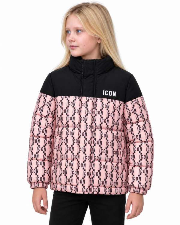 ICON meisjes roze gewatteerde winterjas met allover ICON-monogramprint