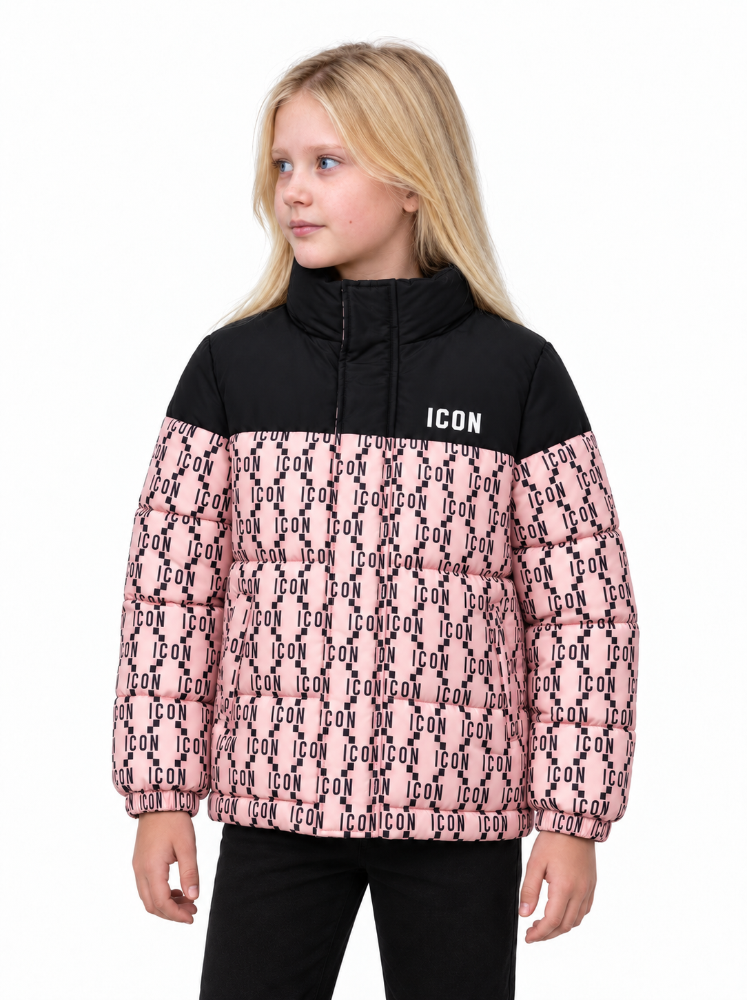 ICON meisjes roze gewatteerde winterjas met allover ICON-monogramprint