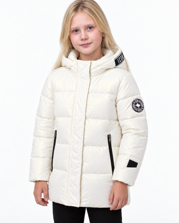 ICON meisjes witte glanzende gewatteerde winterjas met ICON-tekstband op capuchon