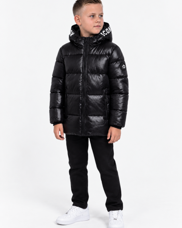 ICON jongens glanzende gewatteerde winterjas met ICON-tekst op de capuchon