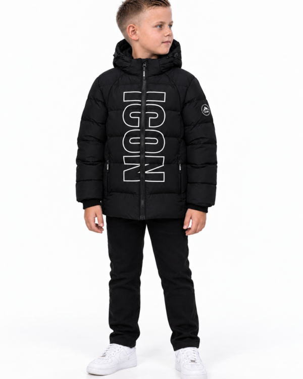 ICON jongens gewatteerde winterjas met grote verticale ICON-tekstprint