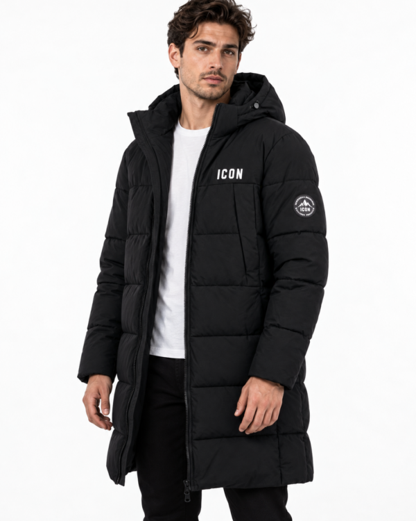 ICON heren extra lange gewatteerde winterjas met ICON-tekstlogo