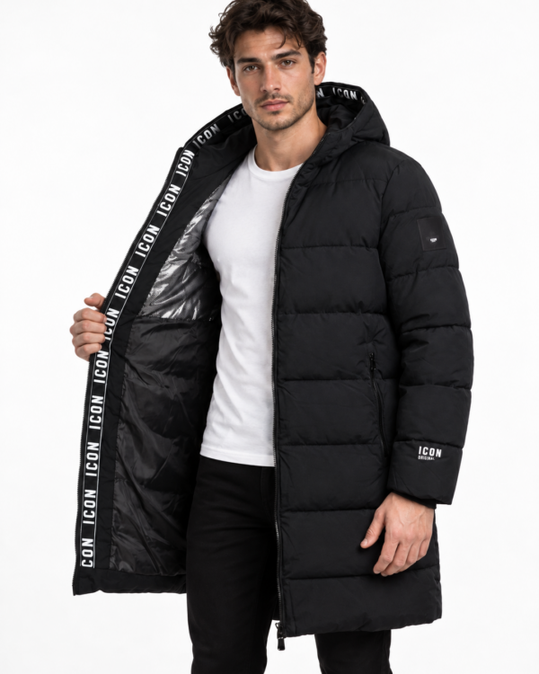 ICON heren extra lange gewatteerde winterjas met ICON-tekstband