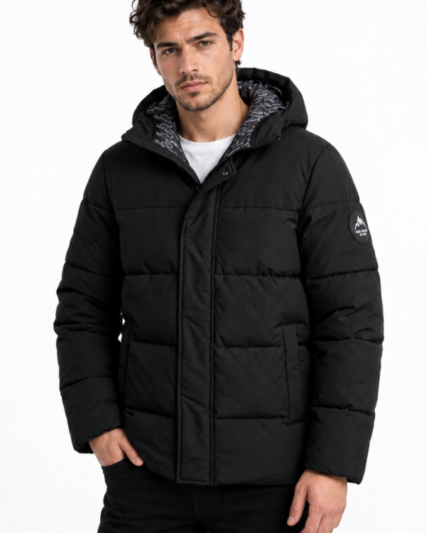 ICON heren gewatteerde winterjas met monogramprint in de capuchon