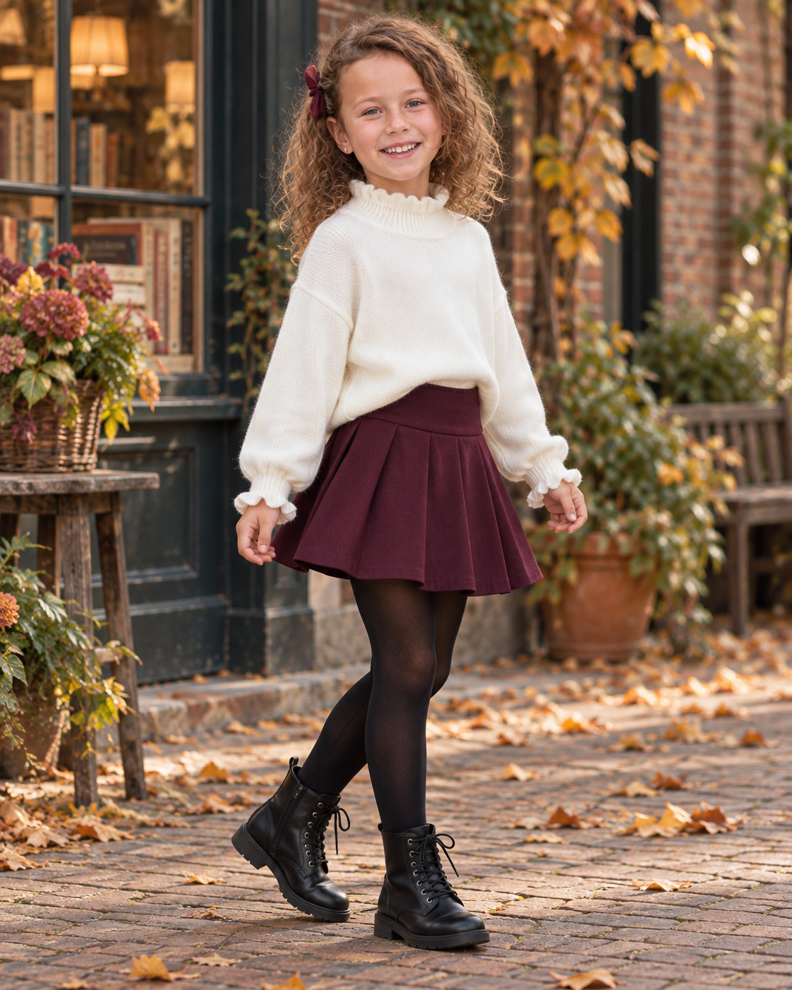 Liv draagt een ecru Mini Mignon trui en bordeaux plooirok met zwarte veterboots in een herfstig straatje.