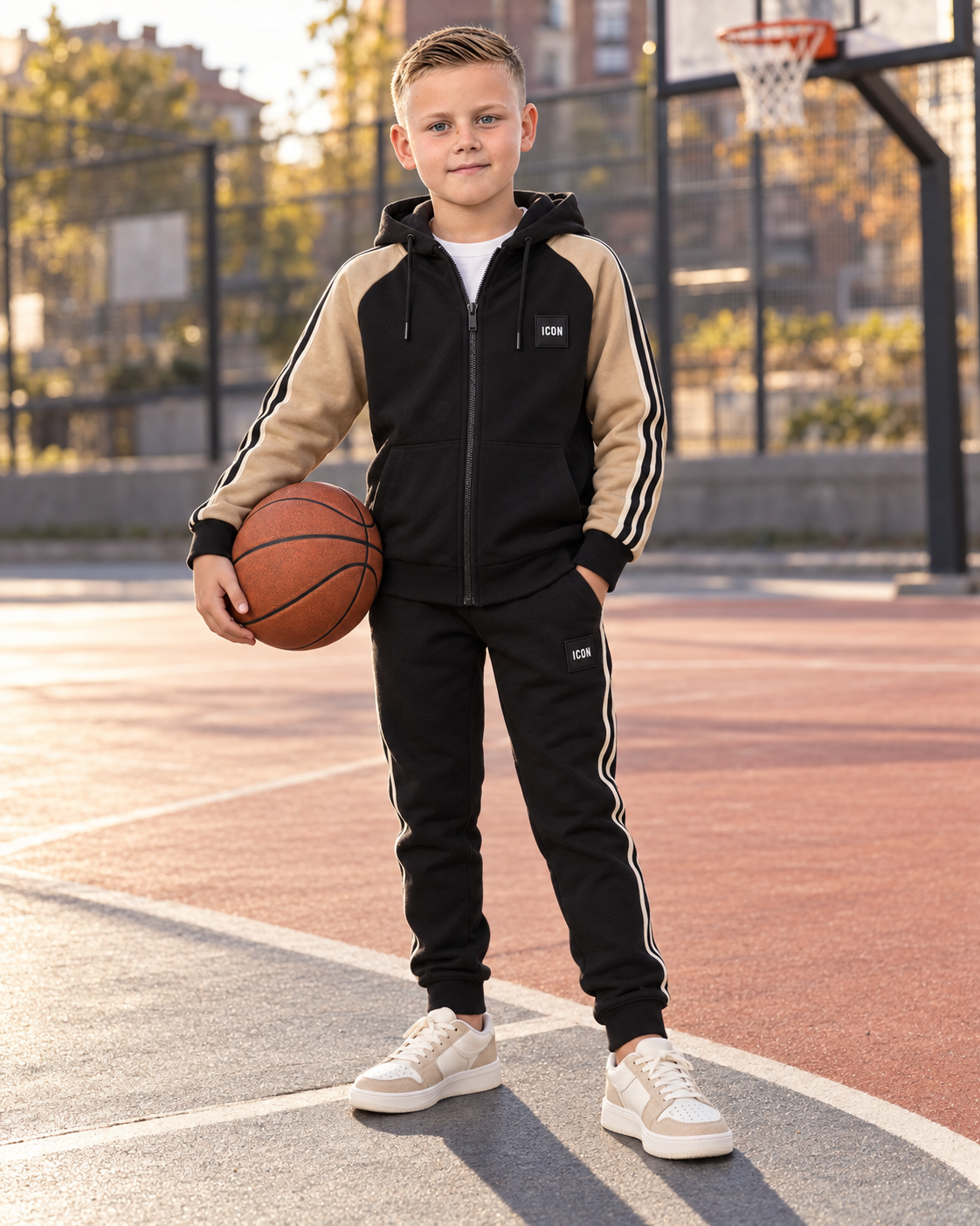 Jayce in een zwart en beige ICON Original joggingpak met lichte sneakers op een basketbalplein.