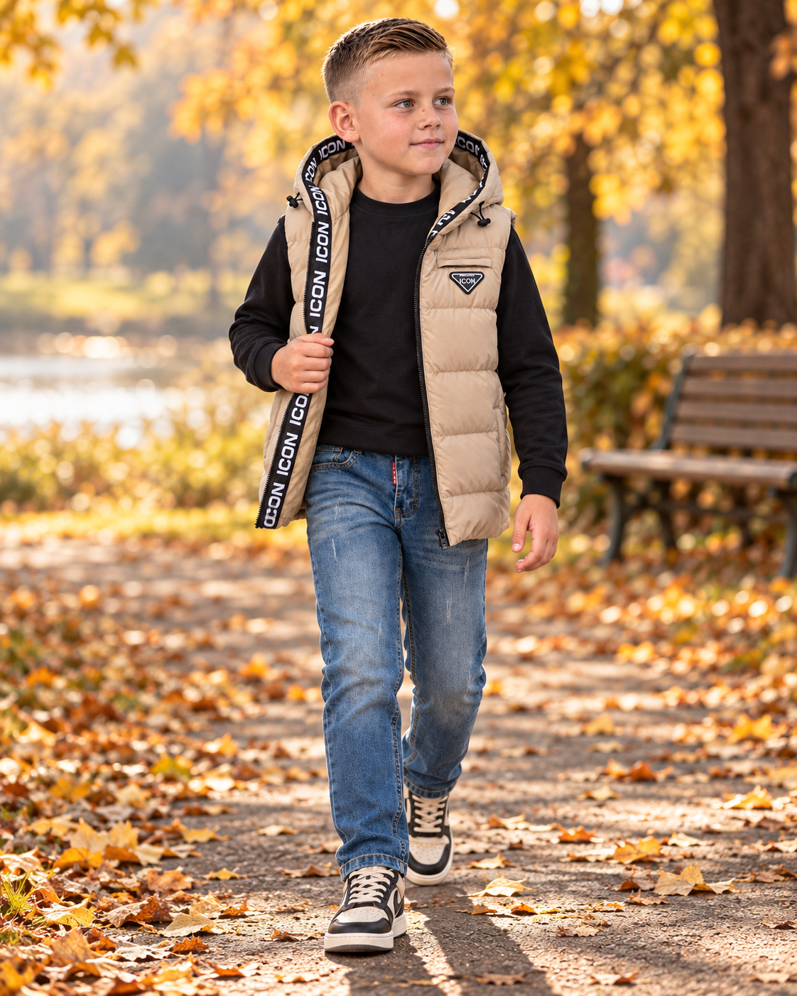 Jayce draagt een beige ICON Original bodywarmer over een zwarte longsleeve met blauwe jeans op een herfstig parkpad.